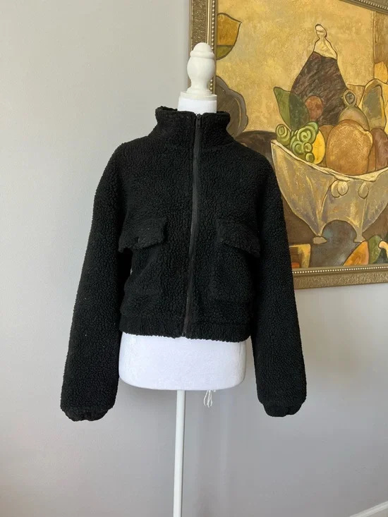 Dazy Black Zip-Up Cropped Faux Shearling Teddy Jacket Size S - Picture 5 of 12